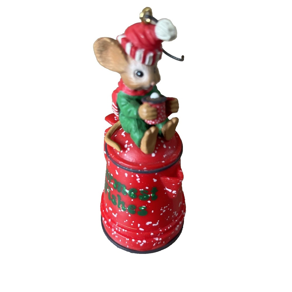 1990 Enesco Brew Warm Wishes Mouse on Enamelware Coffee Pot Christmas Ornament